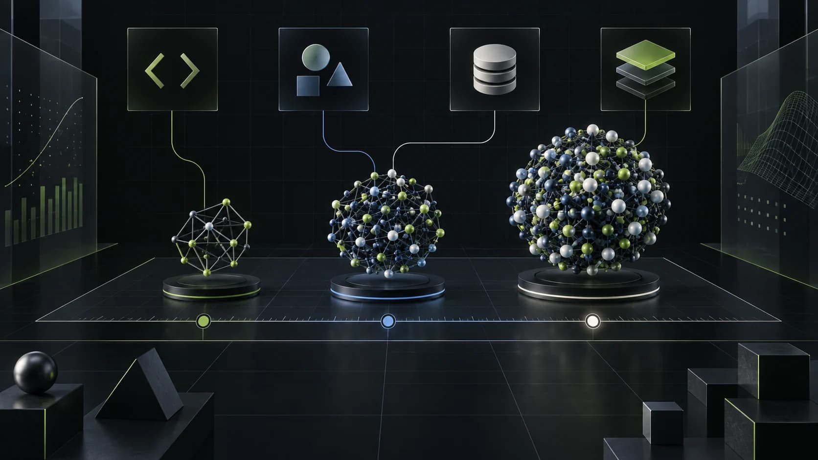 Three abstract model cores of different sizes connected to code, tools, memory, and infrastructure symbols