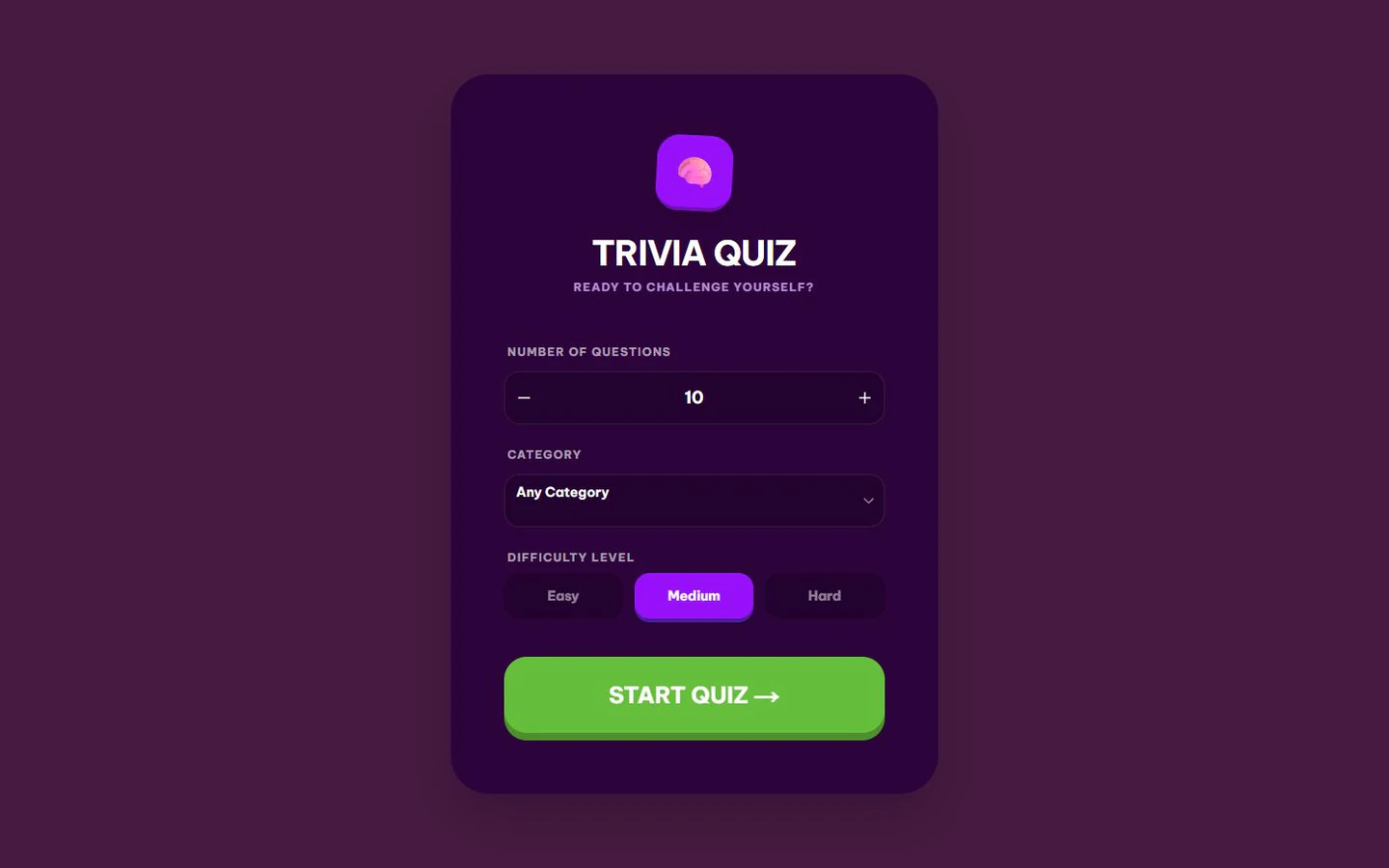 Trivia Quiz desktop setup interface